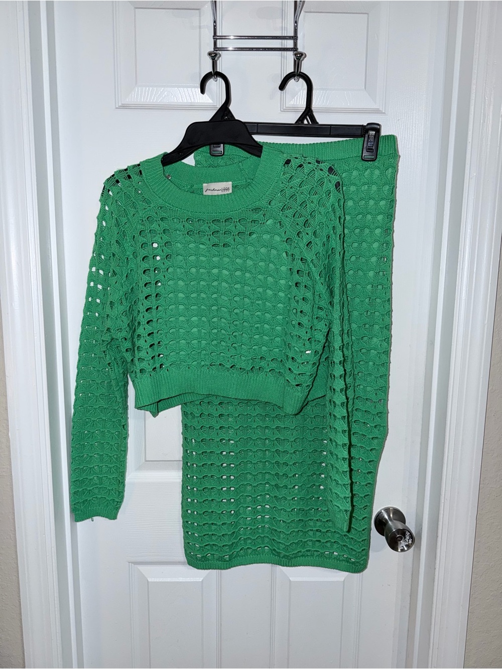 Freshman Green Crocheted Knit Sweater and Skirt Set